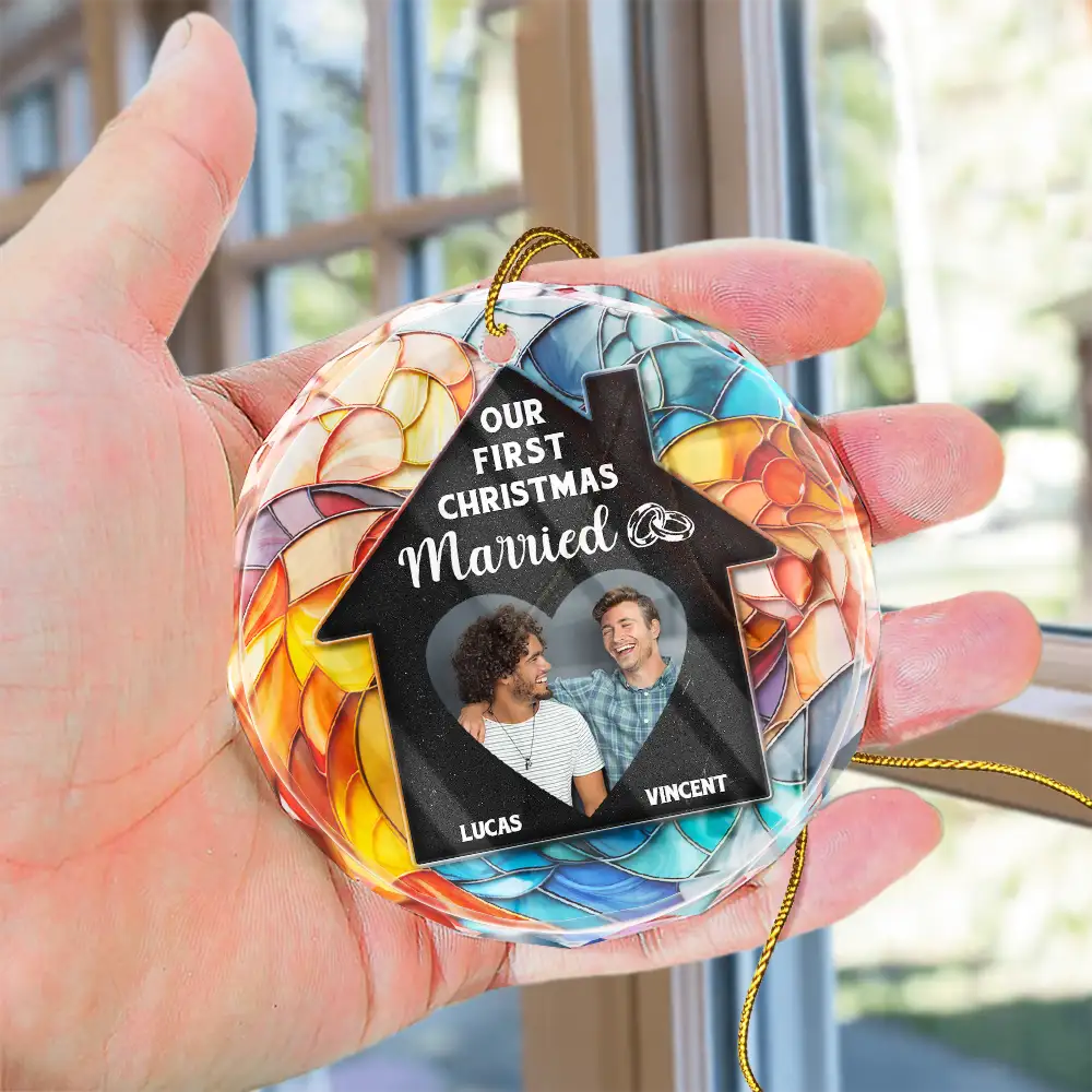 Custom Photo Couple Our First Christmas In Our New Home - Stained Effect Printed, Personalized Circle Glass Ornament