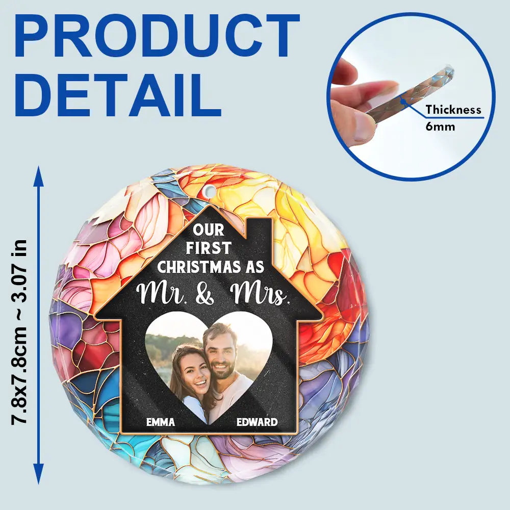 Custom Photo Couple Our First Christmas In Our New Home - Stained Effect Printed, Personalized Circle Glass Ornament