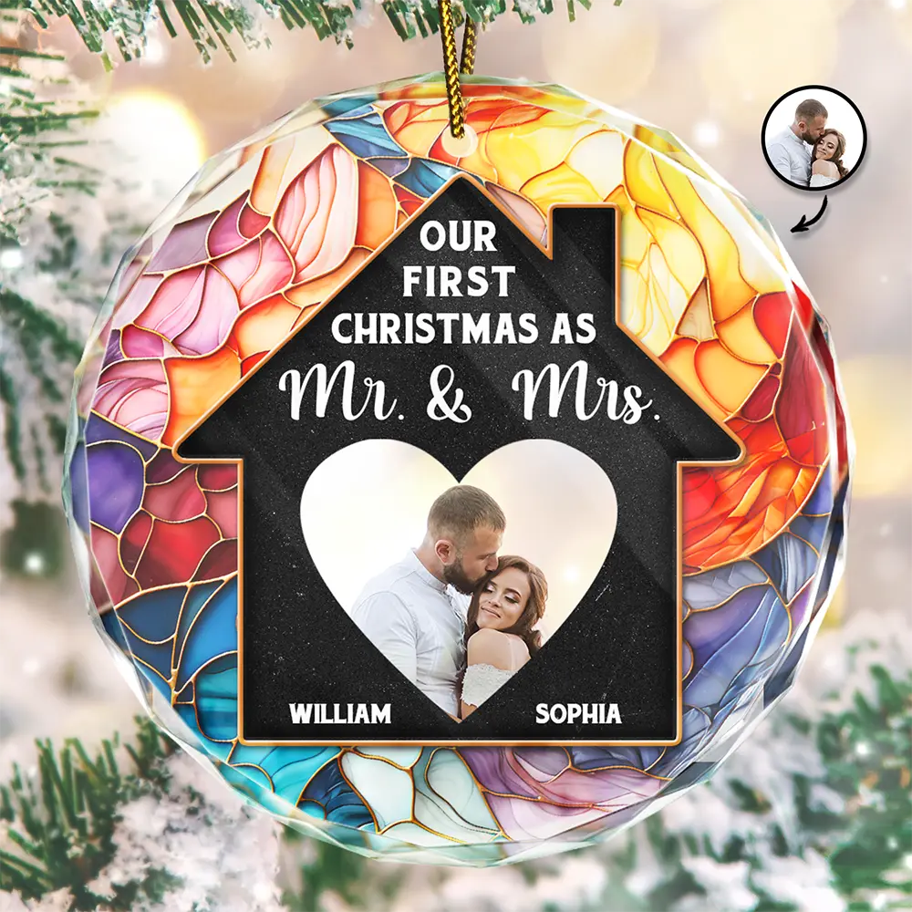 Custom Photo Couple Our First Christmas In Our New Home - Stained Effect Printed, Personalized Circle Glass Ornament