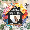 Custom Photo Couple Our First Christmas In Our New Home - Stained Effect Printed, Personalized Circle Glass Ornament