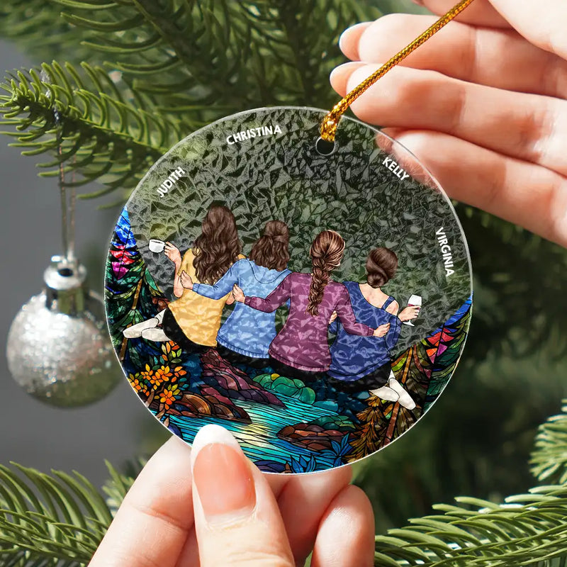 Besties Hugging Back Sitting On The Moon - Personalized Stained Glass Ornament