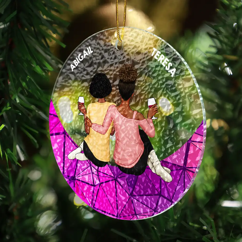 Besties Hugging Back Sitting On The Moon - Personalized Stained Glass Ornament