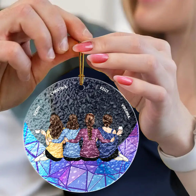 Besties Hugging Back Sitting On The Moon - Personalized Stained Glass Ornament