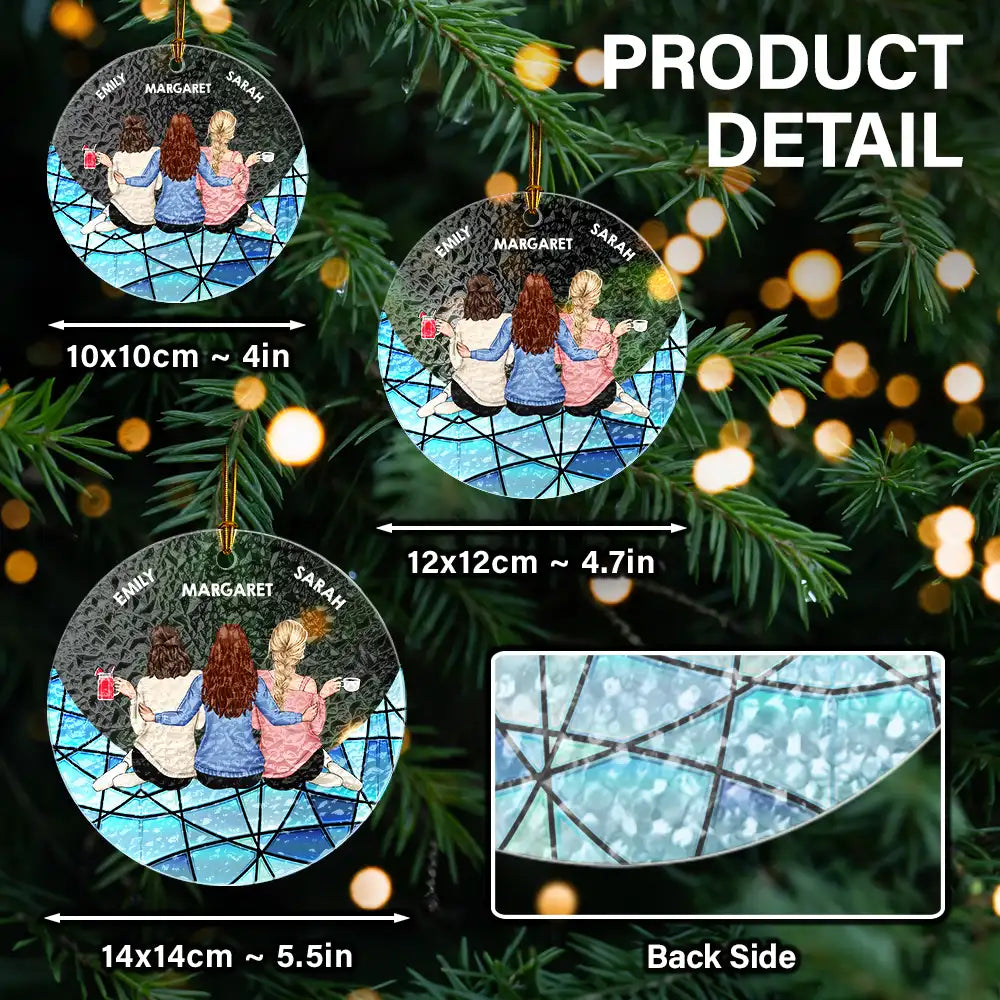 Besties Hugging Back Sitting On The Moon - Personalized Stained Glass Ornament
