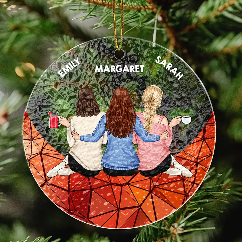 Besties Hugging Back Sitting On The Moon - Personalized Stained Glass Ornament