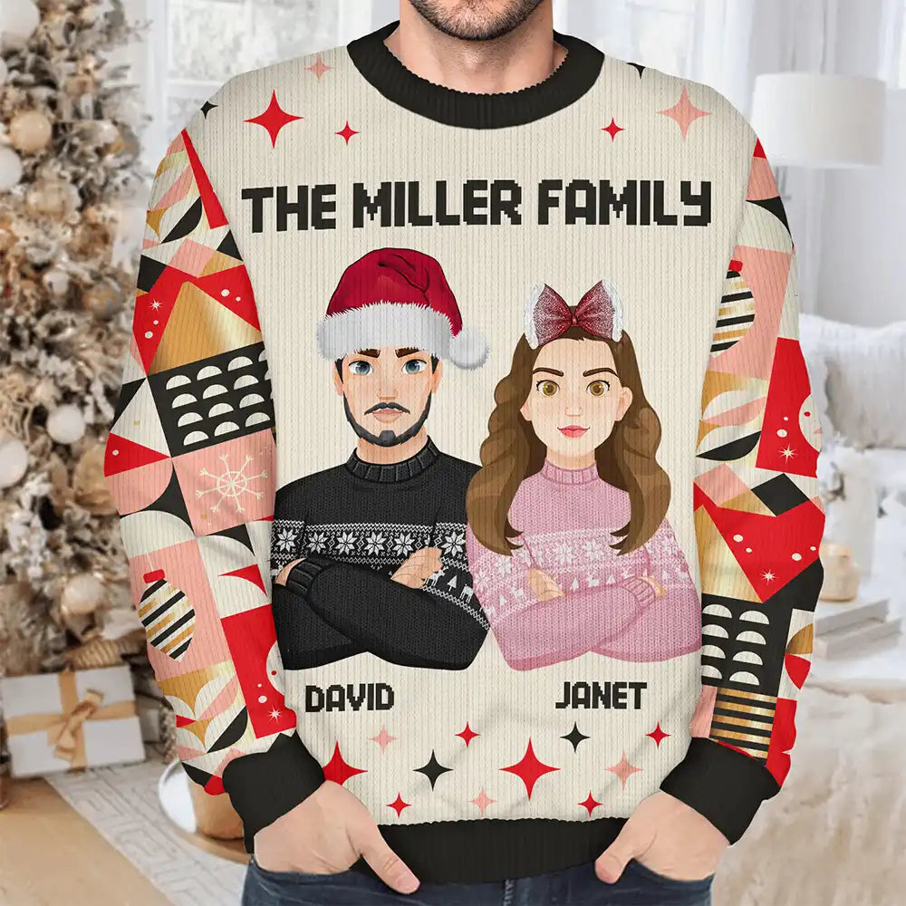 Family - Flat Art Family Square Pattern Winter Christmas Tree - Personalized Unisex Ugly Sweater