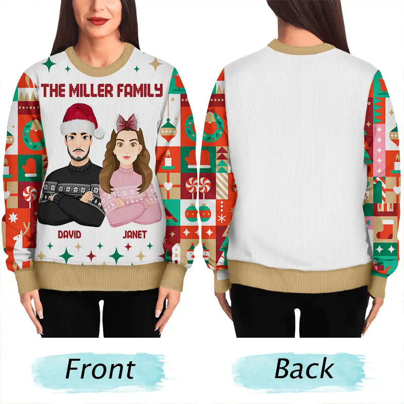 Family - Flat Art Family Square Pattern Winter Christmas Tree - Personalized Unisex Ugly Sweater