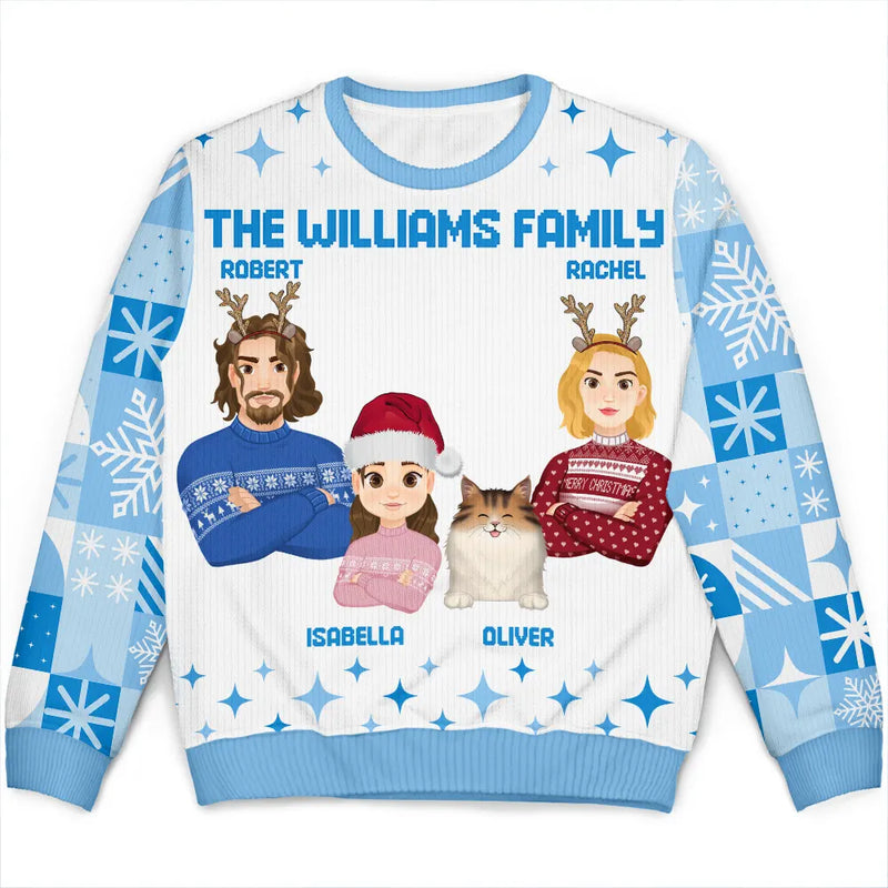 Family - Flat Art Family Square Pattern Winter Christmas Tree - Personalized Unisex Ugly Sweater