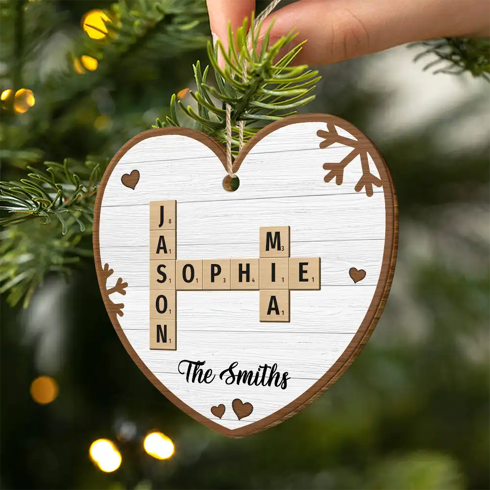 Christmas,Family,Continue Shopping,Love - Custom Family Name Heart Crossword Scrabble - Personalized Custom Shaped Wooden Ornament