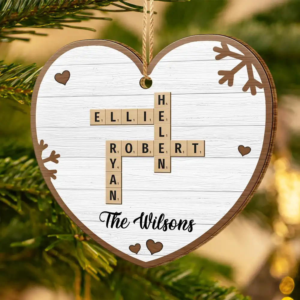 Christmas,Family,Continue Shopping,Love - Custom Family Name Heart Crossword Scrabble - Personalized Custom Shaped Wooden Ornament