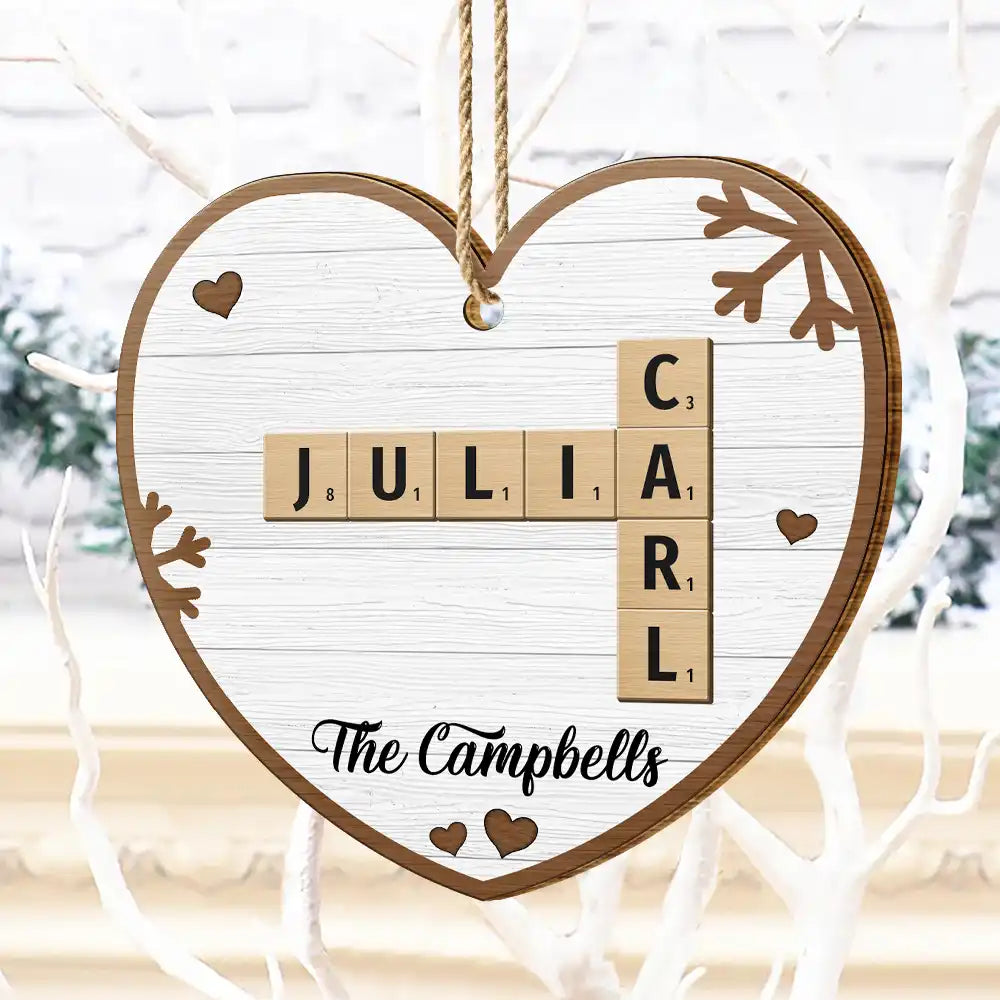 Christmas,Family,Continue Shopping,Love - Custom Family Name Heart Crossword Scrabble - Personalized Custom Shaped Wooden Ornament