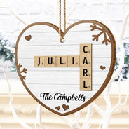 Christmas,Family,Continue Shopping,Love - Custom Family Name Heart Crossword Scrabble - Personalized Custom Shaped Wooden Ornament
