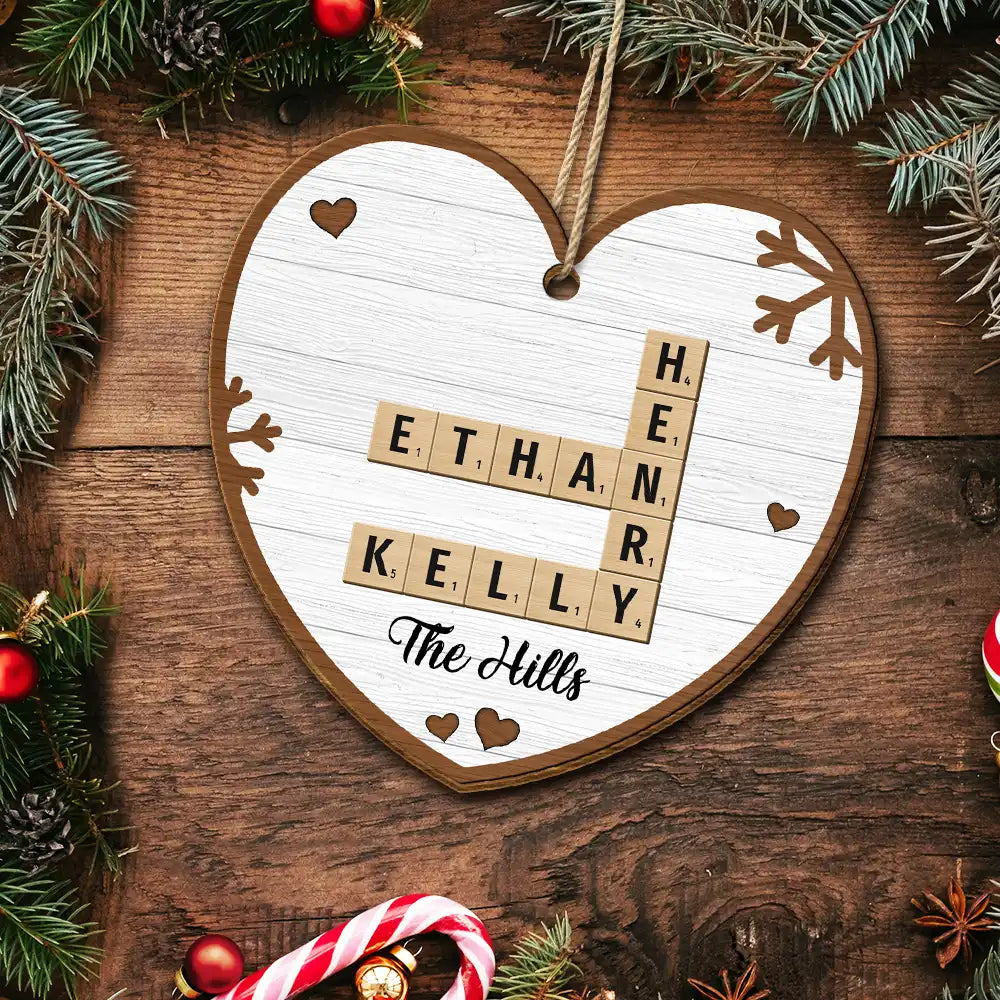 Christmas,Family,Continue Shopping,Love - Custom Family Name Heart Crossword Scrabble - Personalized Custom Shaped Wooden Ornament