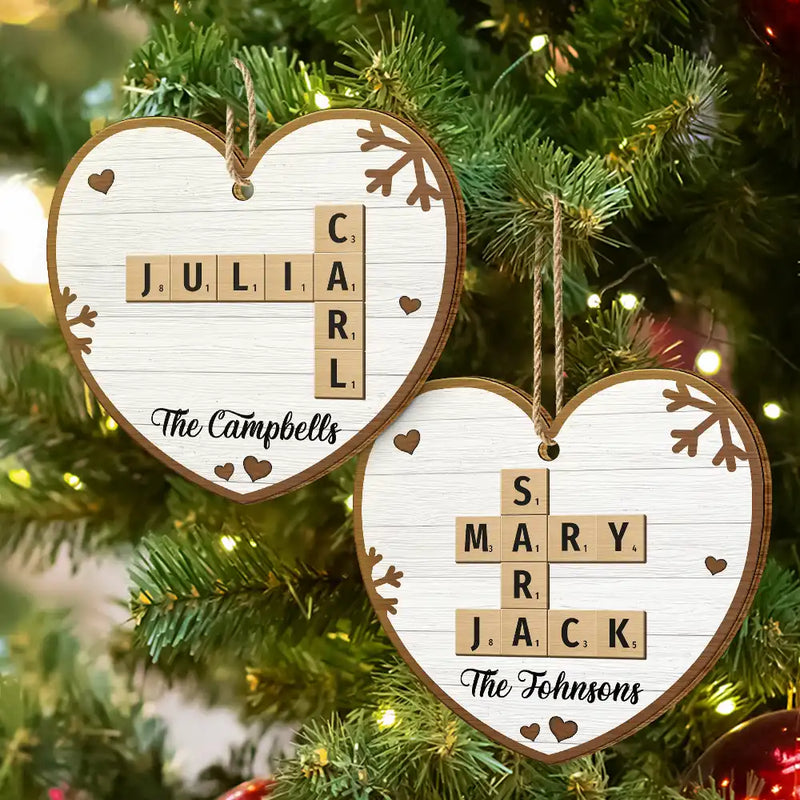 Christmas,Family,Continue Shopping,Love - Custom Family Name Heart Crossword Scrabble - Personalized Custom Shaped Wooden Ornament