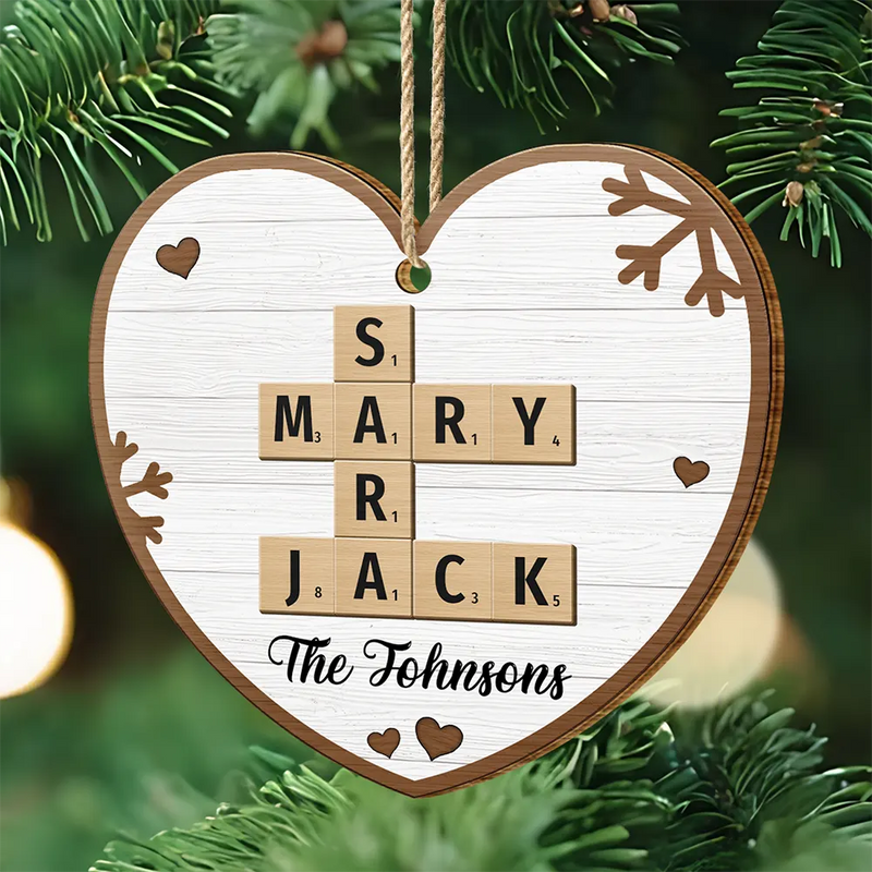 Christmas,Family,Continue Shopping,Love - Custom Family Name Heart Crossword Scrabble - Personalized Custom Shaped Wooden Ornament