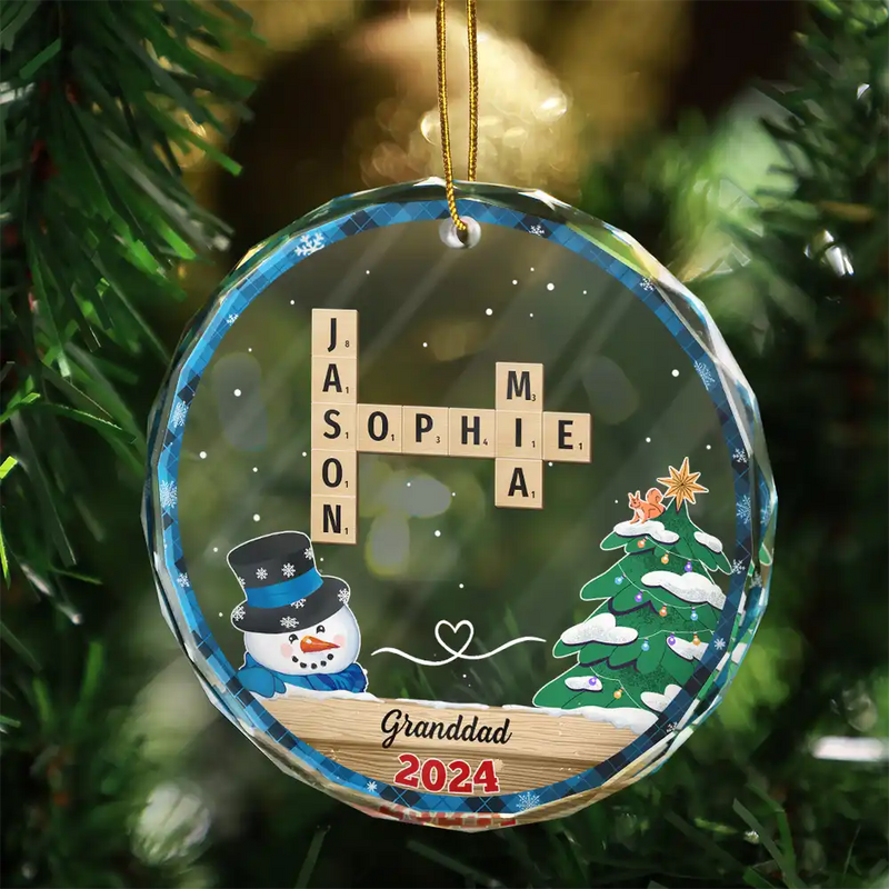 Gift For Grandparents - Papa Nana Snowman Crossword Scrabble - Personalized Circle Glass Ornament
