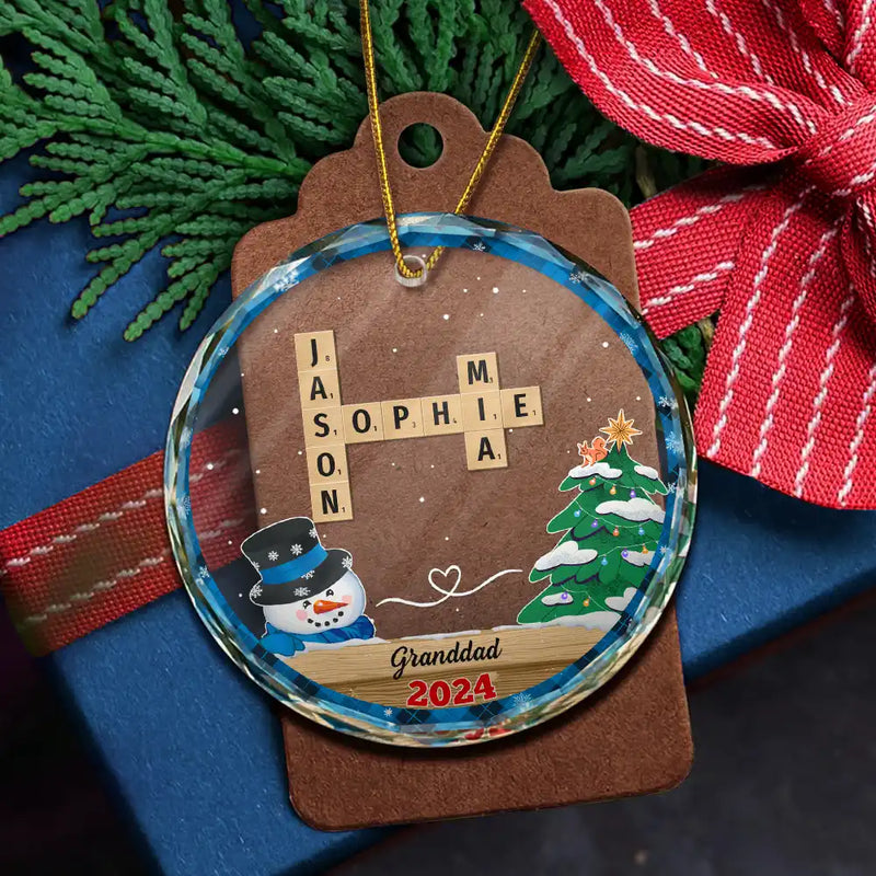 Gift For Grandparents - Papa Nana Snowman Crossword Scrabble - Personalized Circle Glass Ornament