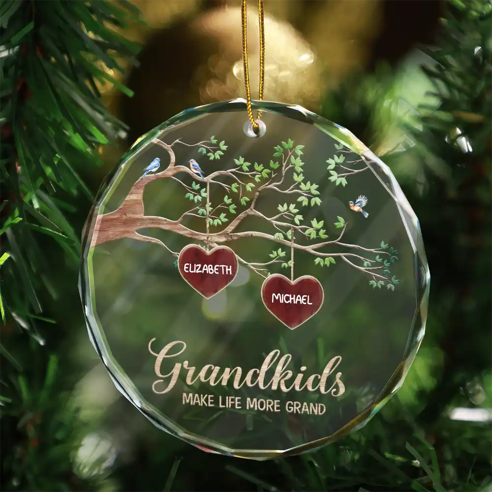 Gift For Grandparents - Grandkids Make Life More Grand Tree Of Hearts Grandma Grandpa - Personalized Glass Ornament