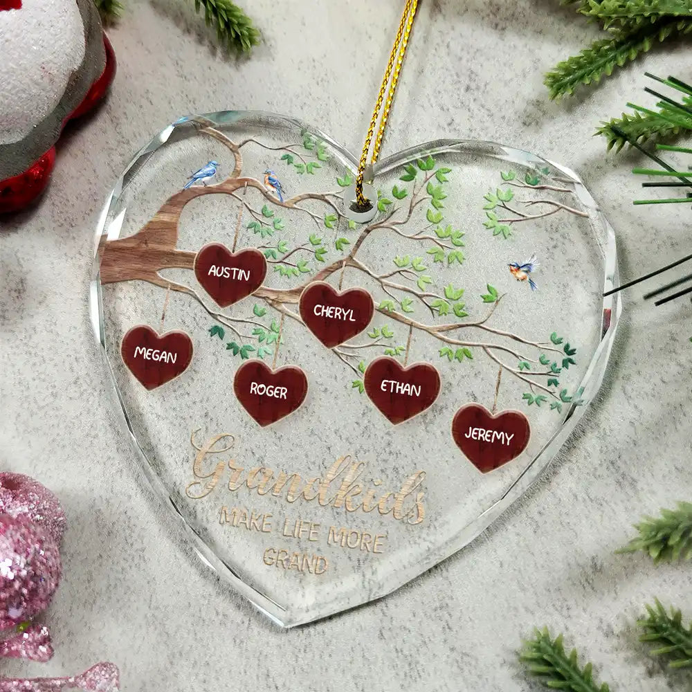 Gift For Grandparents - Grandkids Make Life More Grand Tree Of Hearts Grandma Grandpa - Personalized Glass Ornament