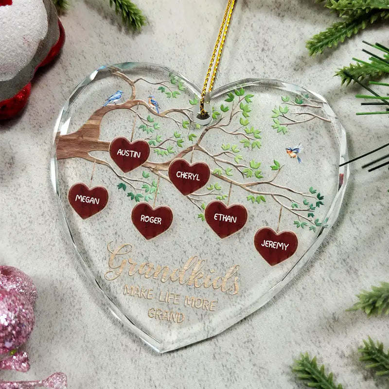 Gift For Grandparents - Grandkids Make Life More Grand Tree Of Hearts Grandma Grandpa - Personalized Glass Ornament