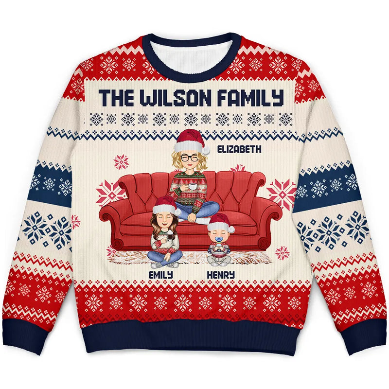 Christmas, Single Mom, Single Dad, Pet Lovers - Cartoon Single Mom Dad With Kids And Pets - Personalized Unisex Ugly Sweater
