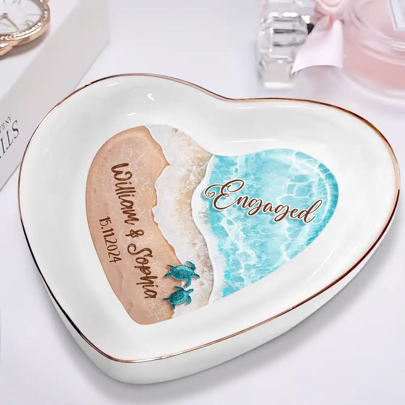 Gift For Couples, Gift For Husband, Gift For Wife, Wedding, Gift For Boyfriend, Gift For Girlfriend - Married Engaged Couple & The Sea Wedding - Personalized Heart Ring Dish
