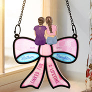 Mom - Daughters (Adult),Love - Mother Daughter Linked For A Lifetime - Personalized Window Hanging Suncatcher Ornament