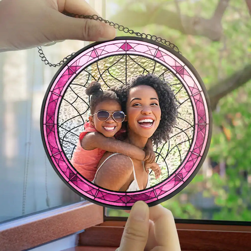 Happy,Gift For Mother,Gift For Grandma,New baby - Custom Photo Cartoon Portrait Mom Mother Grandma - Personalized Stained Glass Window Hanging Suncatcher
