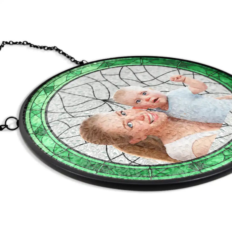 Happy,Gift For Mother,Gift For Grandma,New baby - Custom Photo Cartoon Portrait Mom Mother Grandma - Personalized Stained Glass Window Hanging Suncatcher