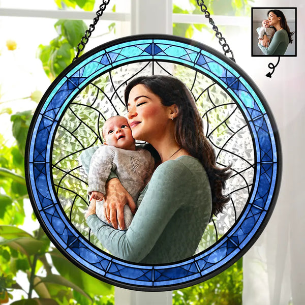 Happy,Gift For Mother,Gift For Grandma,New baby - Custom Photo Cartoon Portrait Mom Mother Grandma - Personalized Stained Glass Window Hanging Suncatcher