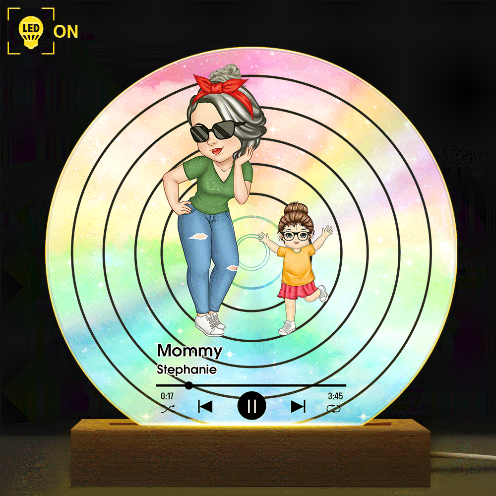 Gift For Grandma,Gift For Mother - Turban Grandma Decorative Vinyl Record With Grandkids - Personalized 3D Led Light Wooden Base