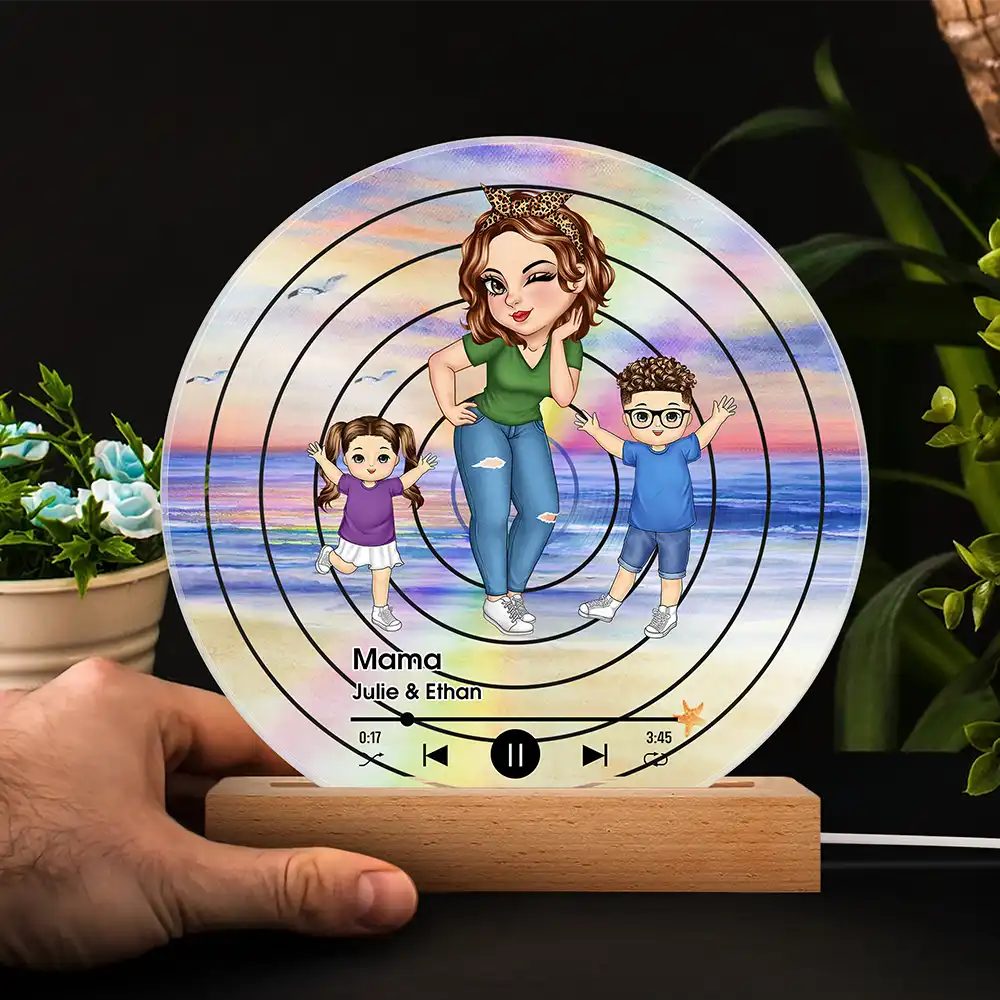 Gift For Grandma,Gift For Mother - Turban Grandma Decorative Vinyl Record With Grandkids - Personalized 3D Led Light Wooden Base