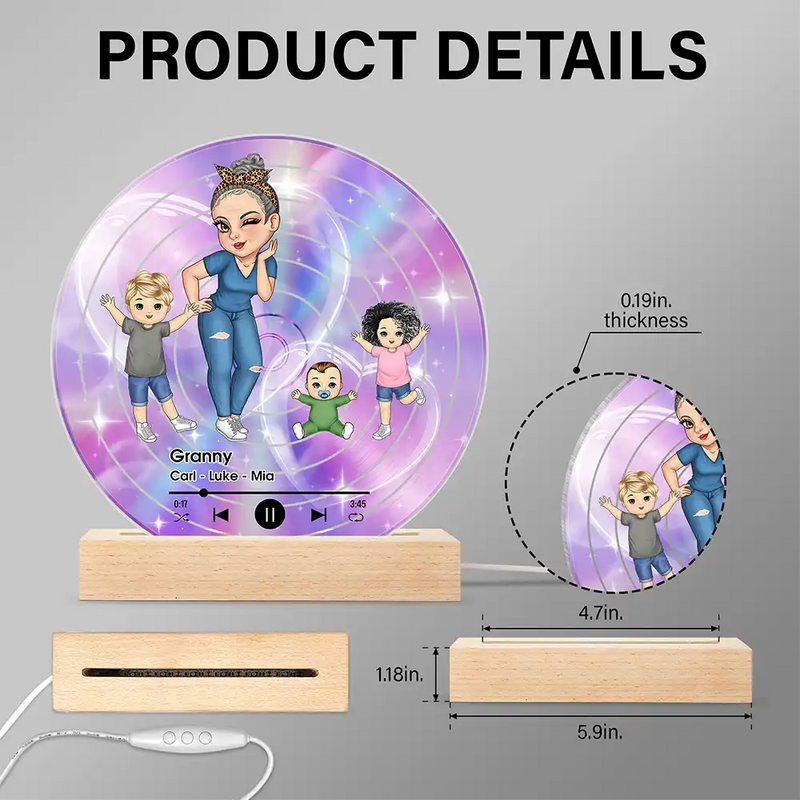 Gift For Grandma,Gift For Mother - Turban Grandma Decorative Vinyl Record With Grandkids - Personalized 3D Led Light Wooden Base
