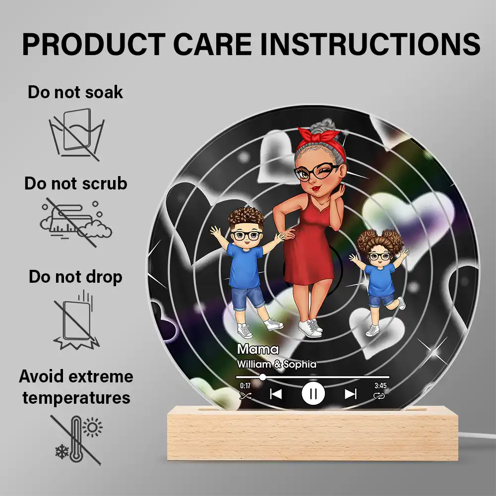Gift For Grandma,Gift For Mother - Turban Grandma Decorative Vinyl Record With Grandkids - Personalized 3D Led Light Wooden Base