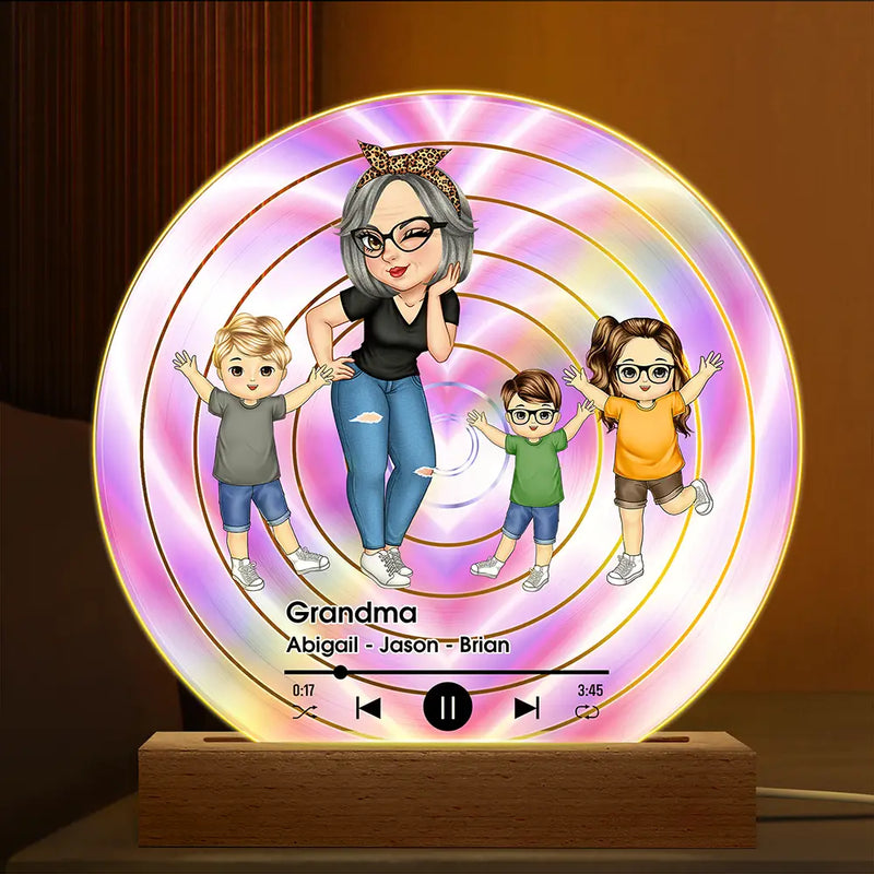 Gift For Grandma,Gift For Mother - Turban Grandma Decorative Vinyl Record With Grandkids - Personalized 3D Led Light Wooden Base