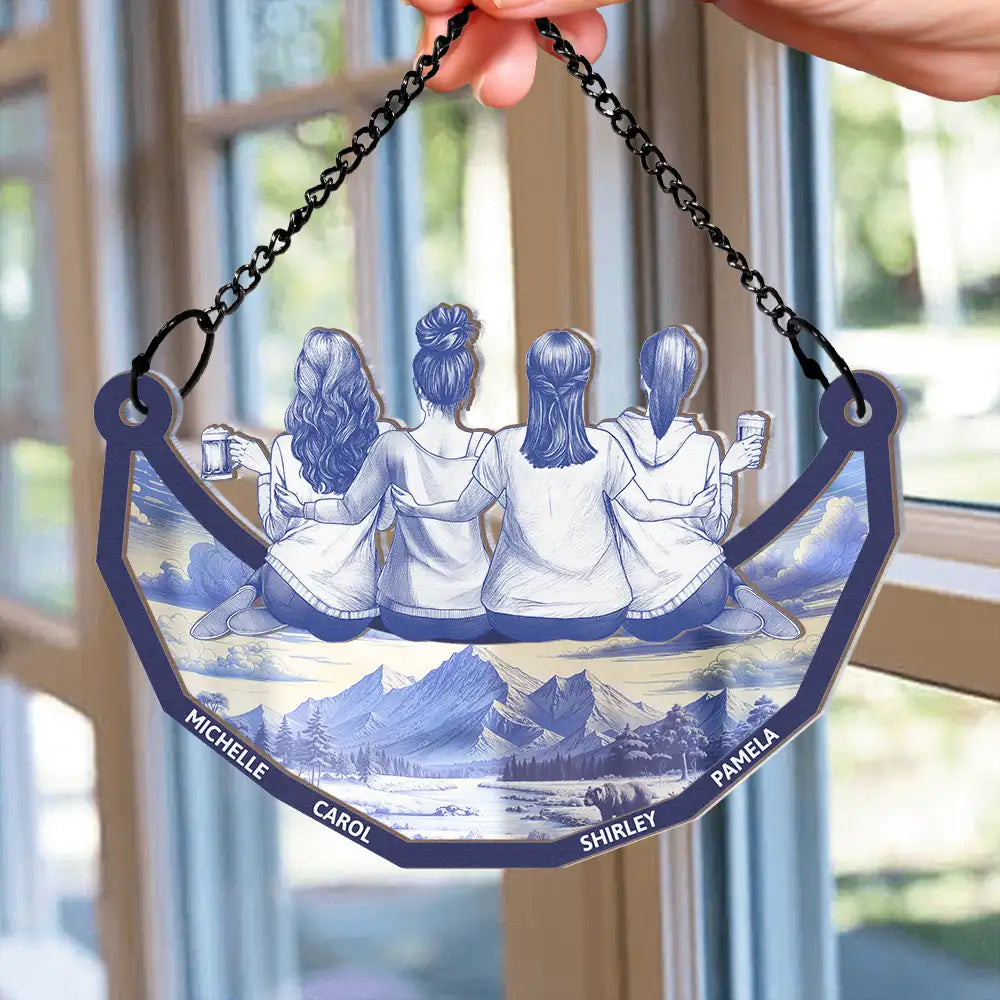 Gift For Bestie,Love - Toile Art Bestie Sitting On The Moon - Personalized Window Hanging Suncatcher Ornament