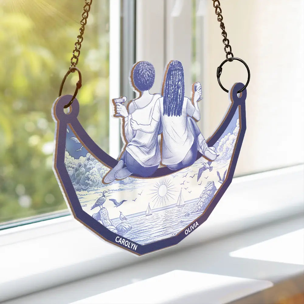 Gift For Bestie,Love - Toile Art Bestie Sitting On The Moon - Personalized Window Hanging Suncatcher Ornament