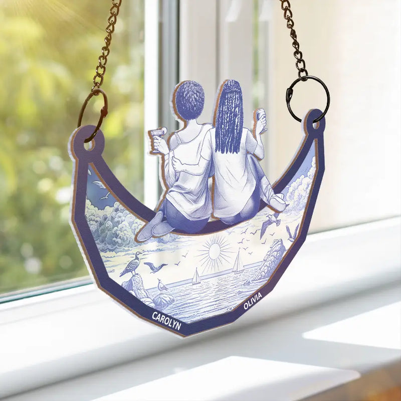 Gift For Bestie,Love - Toile Art Bestie Sitting On The Moon - Personalized Window Hanging Suncatcher Ornament