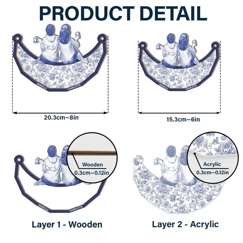 Gift For Bestie,Love - Toile Art Bestie Sitting On The Moon - Personalized Window Hanging Suncatcher Ornament