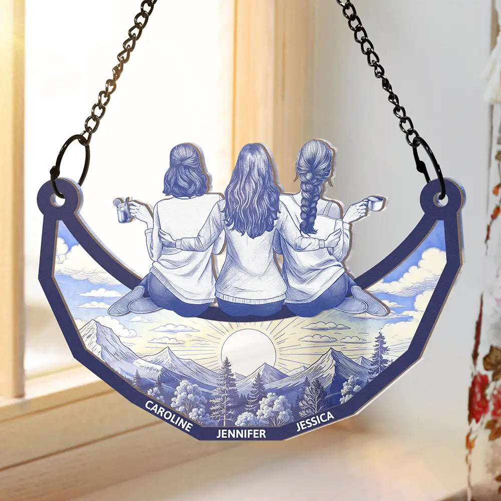 Toile Art Bestie Sitting On The Moon - Personalized Window Hanging Suncatcher Ornament