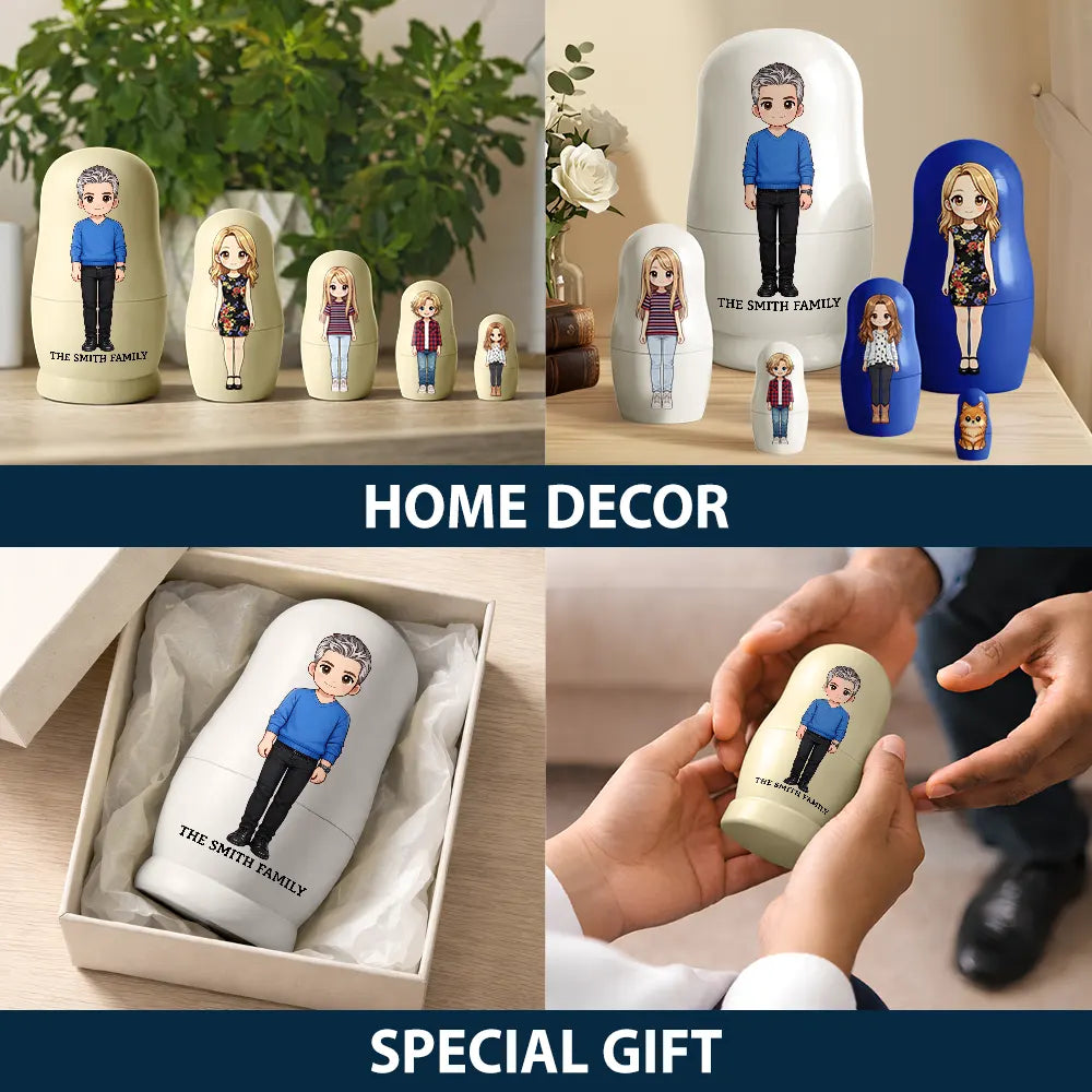 Family,Happy - Custom Photo Cartoon Full Portrait Family Couple Besties - Personalized Portrait Nesting Doll