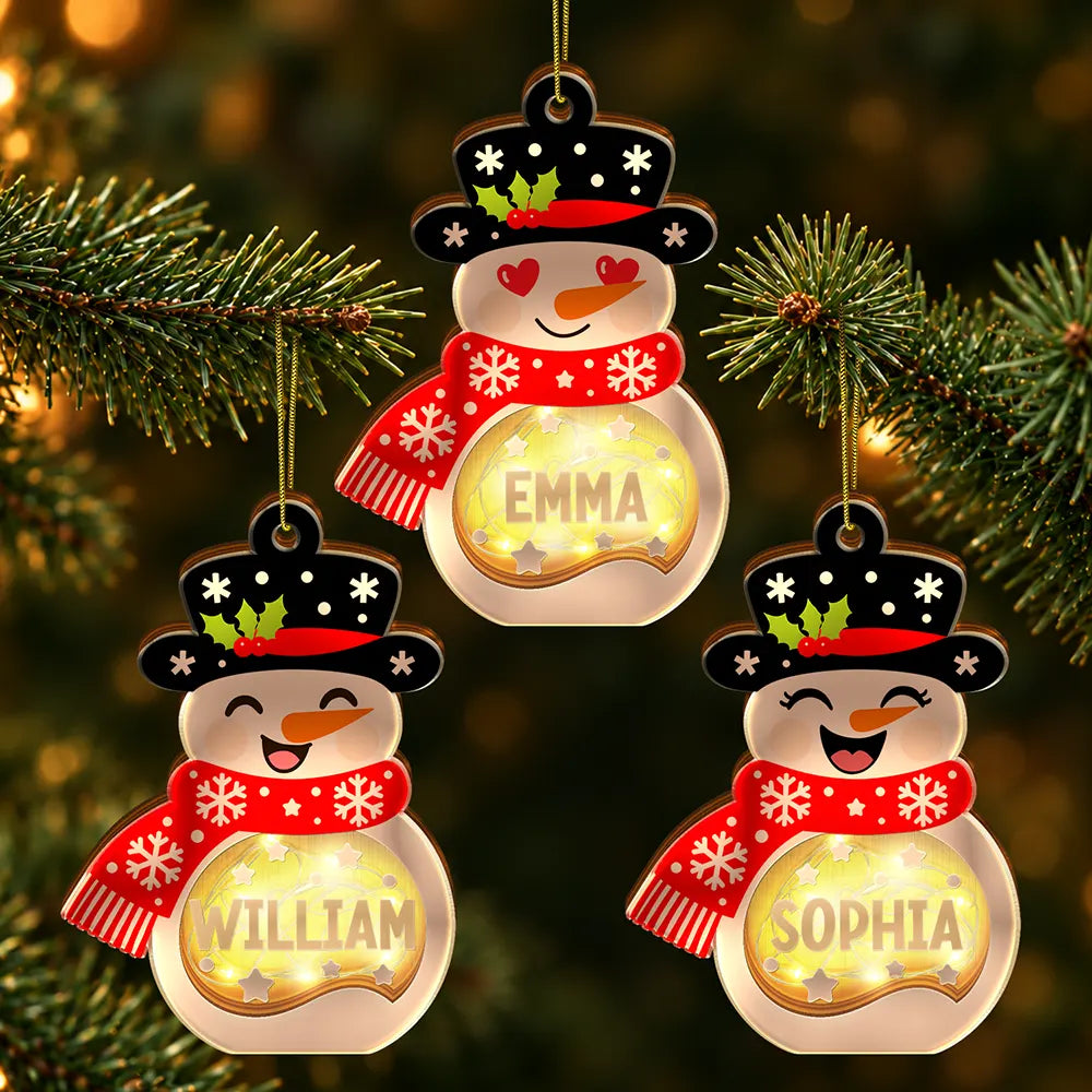 Christmas Snowman For Family, Kid, Grandparent - Personalized Custom Name And Expression LED Light Wooden Ornament