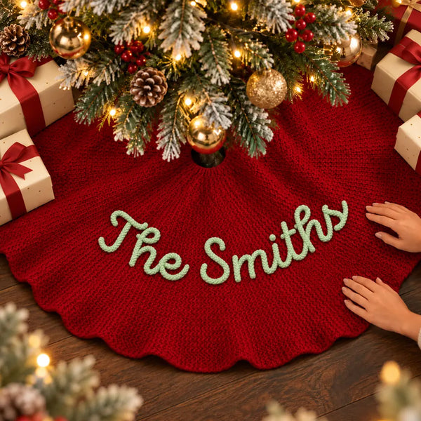 Christmas,Cozy,Custom Text,Gift For Women,Gift For Yourself,Gifts For Her,Indoor Decor - Christmas Housewarming Gift For Her, Family, Newlywed - Personalized Name Hand-Crocheted Knit Tree Skirt