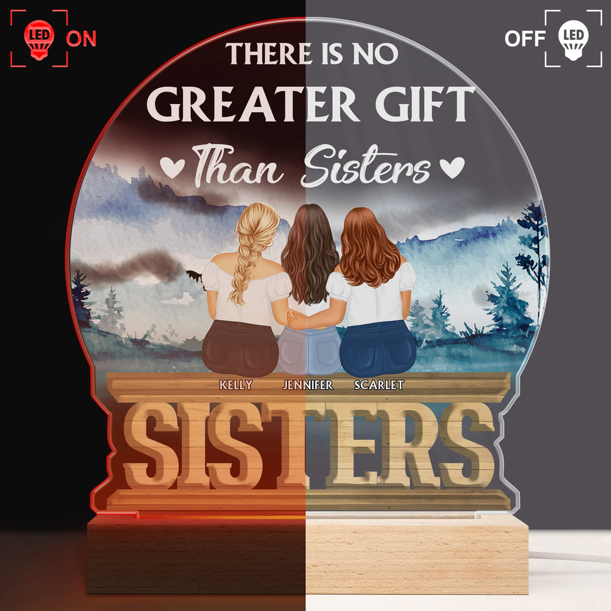 Sisters Forever Never Apart - Gift For Sisters And Best Friends - Personalized Custom 3D Led Light Wooden Base