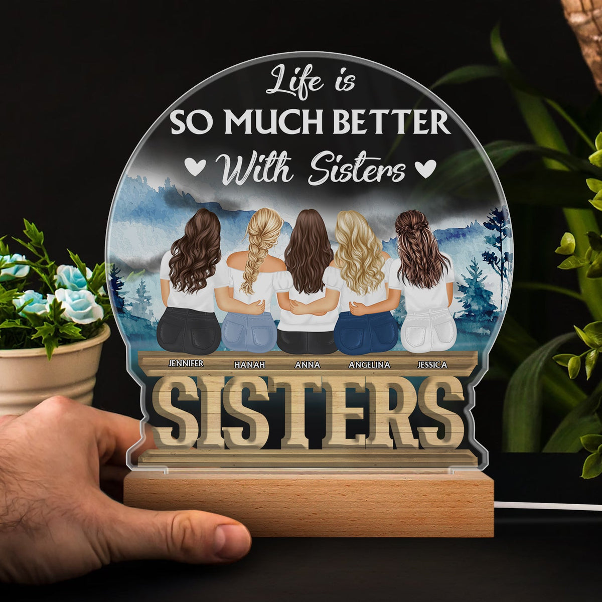 Sisters Forever Never Apart - Gift For Sisters And Best Friends - Personalized Custom 3D Led Light Wooden Base