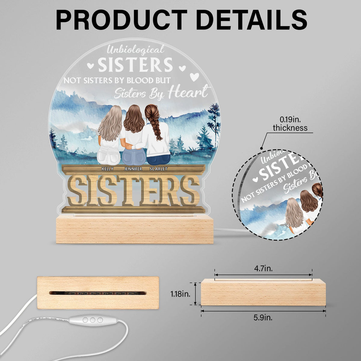 Sisters Forever Never Apart - Gift For Sisters And Best Friends - Personalized Custom 3D Led Light Wooden Base
