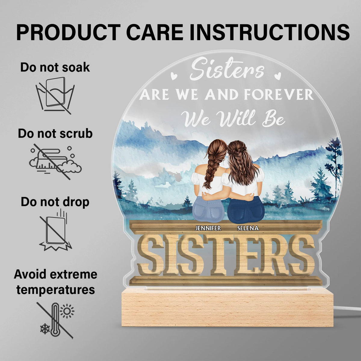 Sisters Forever Never Apart - Gift For Sisters And Best Friends - Personalized Custom 3D Led Light Wooden Base
