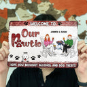 Bienvenue chez Pawtio - Décoration de patio pour maman chien et papa chien - Panneaux métalliques classiques personnalisés