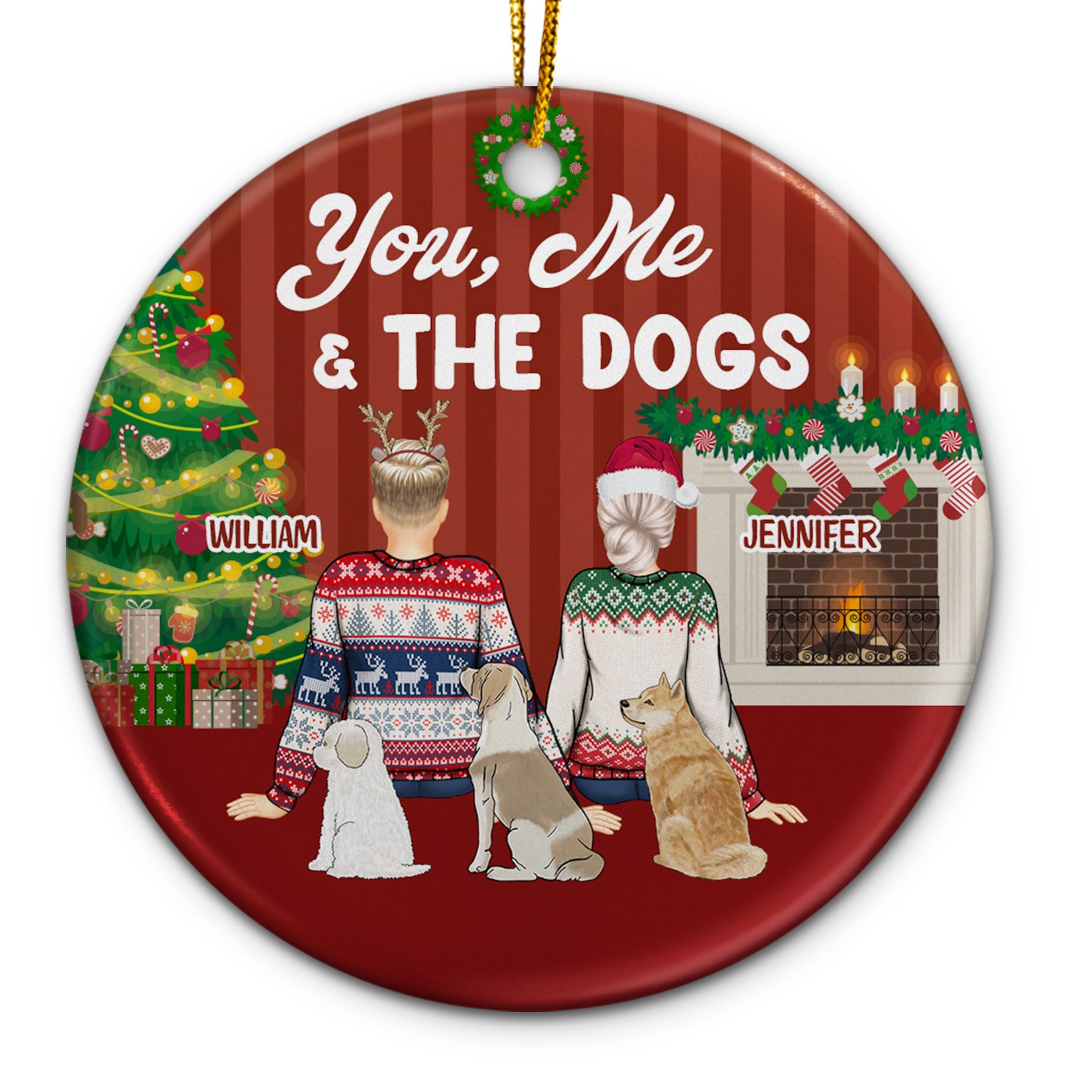Christmas Couple You, Me & The Dogs - Gift For Dog Lovers - Personalized Circle Ceramic Ornament