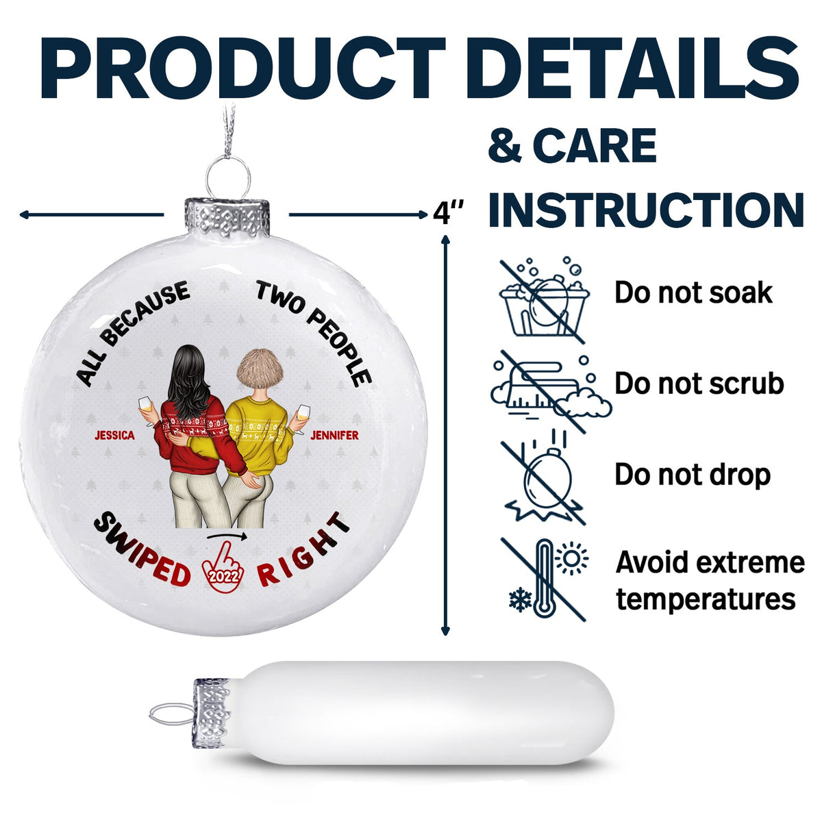 All Because Two People Swiped Right - Christmas Gift For Couples - Personalized White Flat Ball Ornament